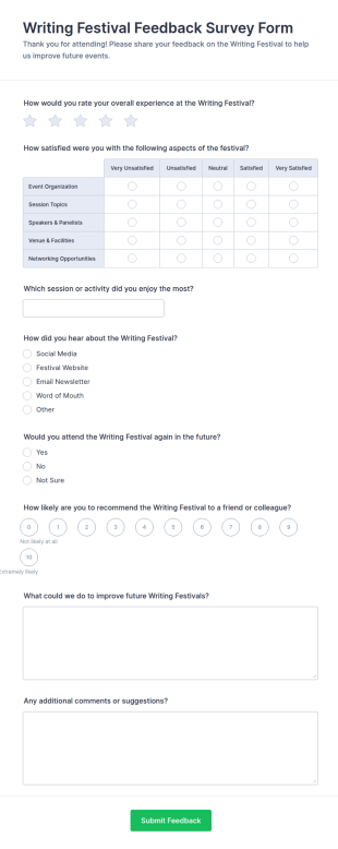 Writing Festival Feedback Survey Form Template