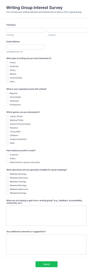 Writing Group Interest Survey Form Template