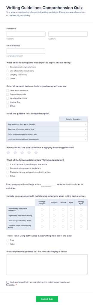 Writing Guidelines Comprehension Quiz Form Template