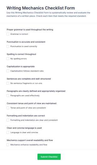 Writing Mechanics Checklist Form Template
