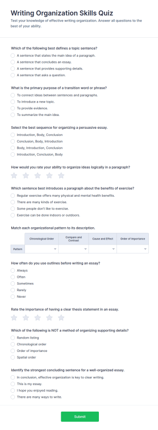 Writing Organization Skills Quiz Form Template