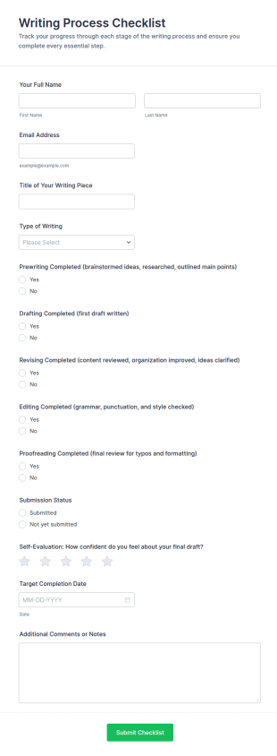 Writing Process Checklist Form Template