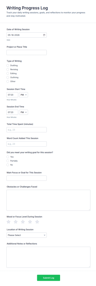 Writing Progress Log Form Template