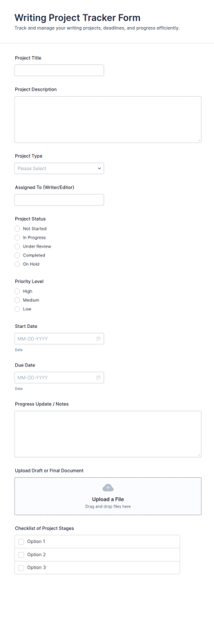 Writing Project Tracker Form Template