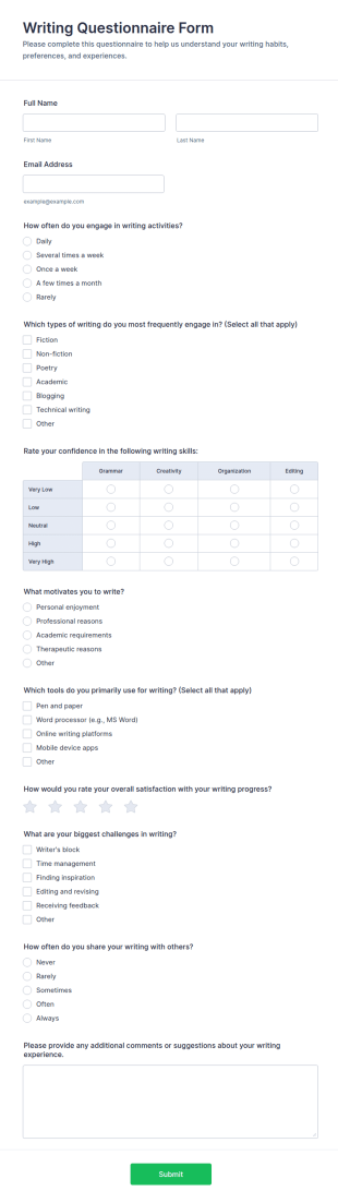 Writing Questionnaire Form Template
