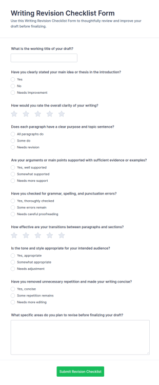Writing Revision Checklist Form Template