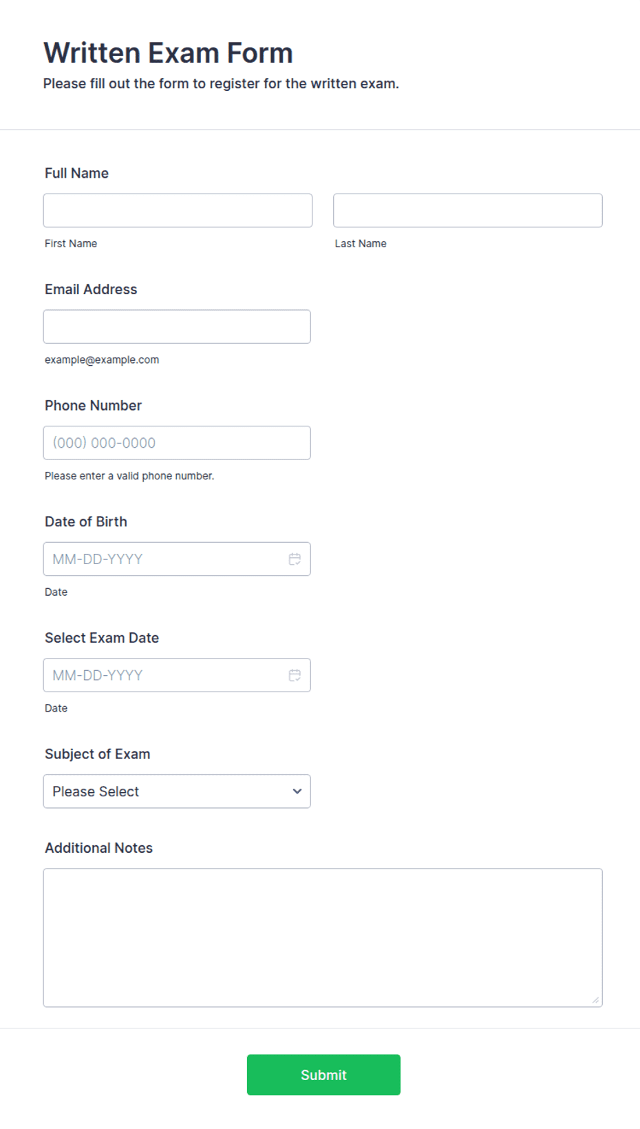 Example Exam Question Form Written Exam Form Template | Jotform
