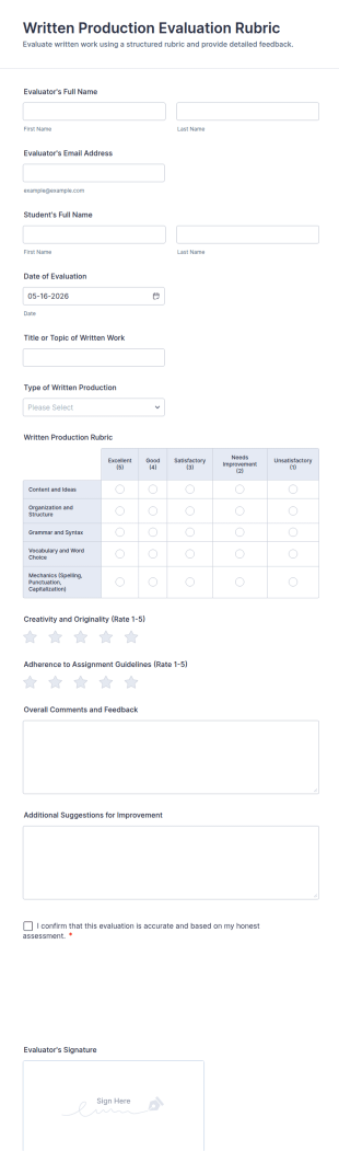 Written Production Evaluation Rubric Form Template
