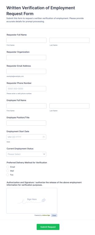 Written Verification Of Employment Request Form Template