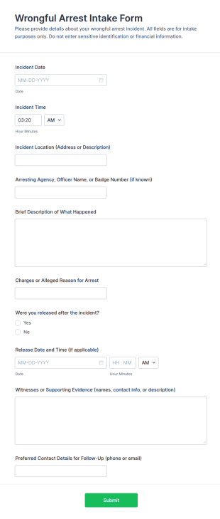 Wrongful Arrest Intake Form Template