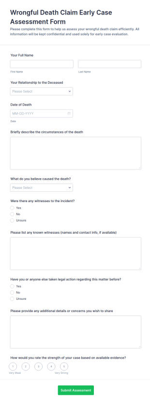 Wrongful Death Claim Early Case Assessment Form Template