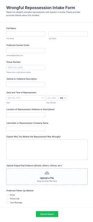Wrongful Repossession Intake Form Template