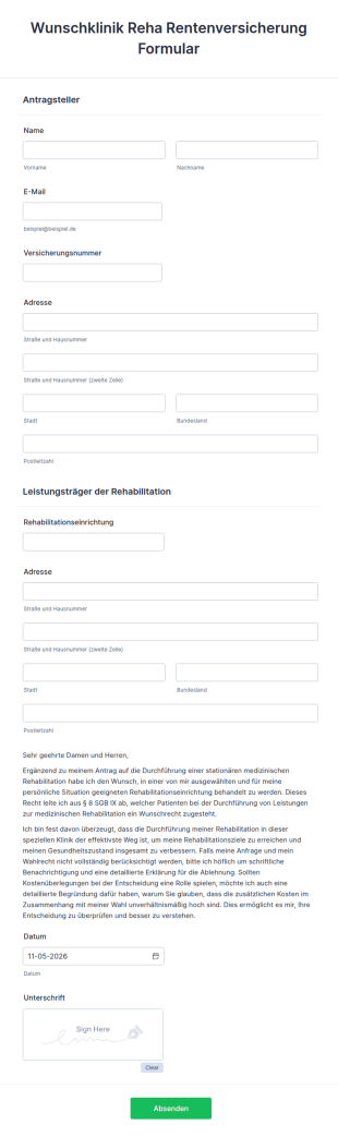 Wunschklinik Reha Rentenversicherung Formular