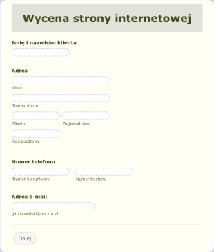 Wycena Strony Internetowej Form Template