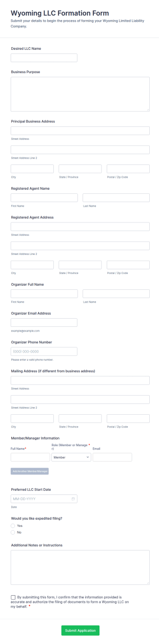 Wyoming LLC Formation Form Template