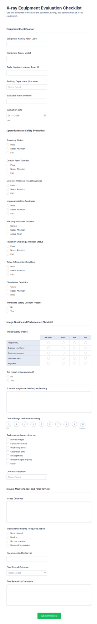 X Ray Equipment Evaluation Checklist Form Template
