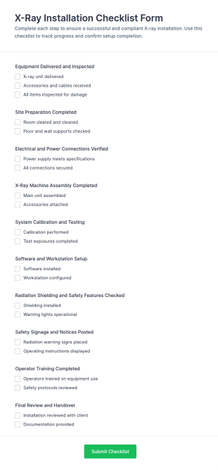 X Ray Installation Checklist Form Template