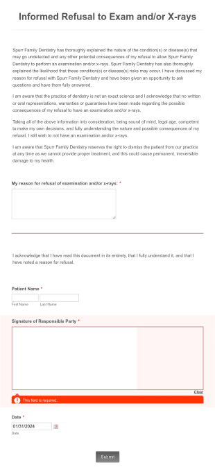 X Ray Refusal Form Template