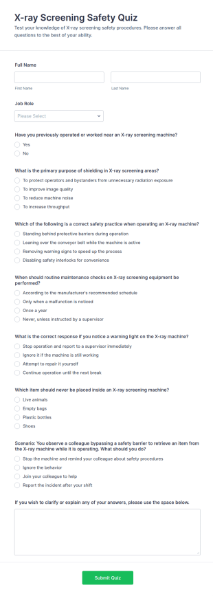 X Ray Screening Safety Quiz Form Template