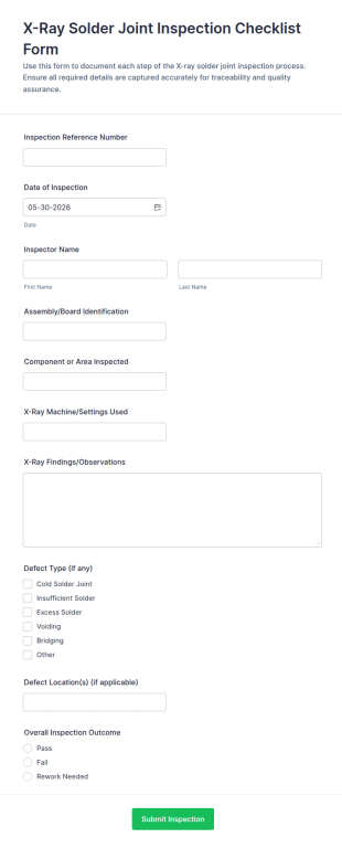 X Ray Solder Joint Inspection Checklist Form Template