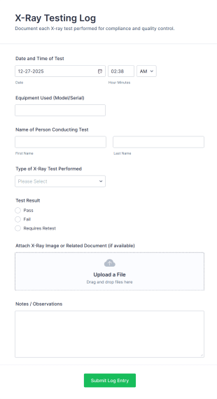 X Ray Testing Log Form Template