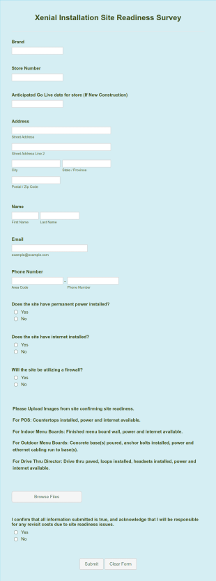 Xenial Installation Site Readiness Survey Form Template