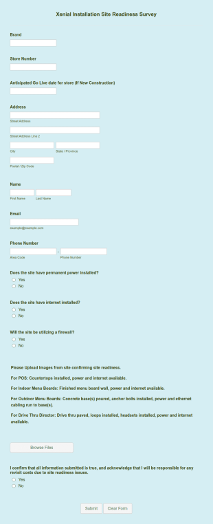 Xenial Installation Site Readiness Survey Form Template