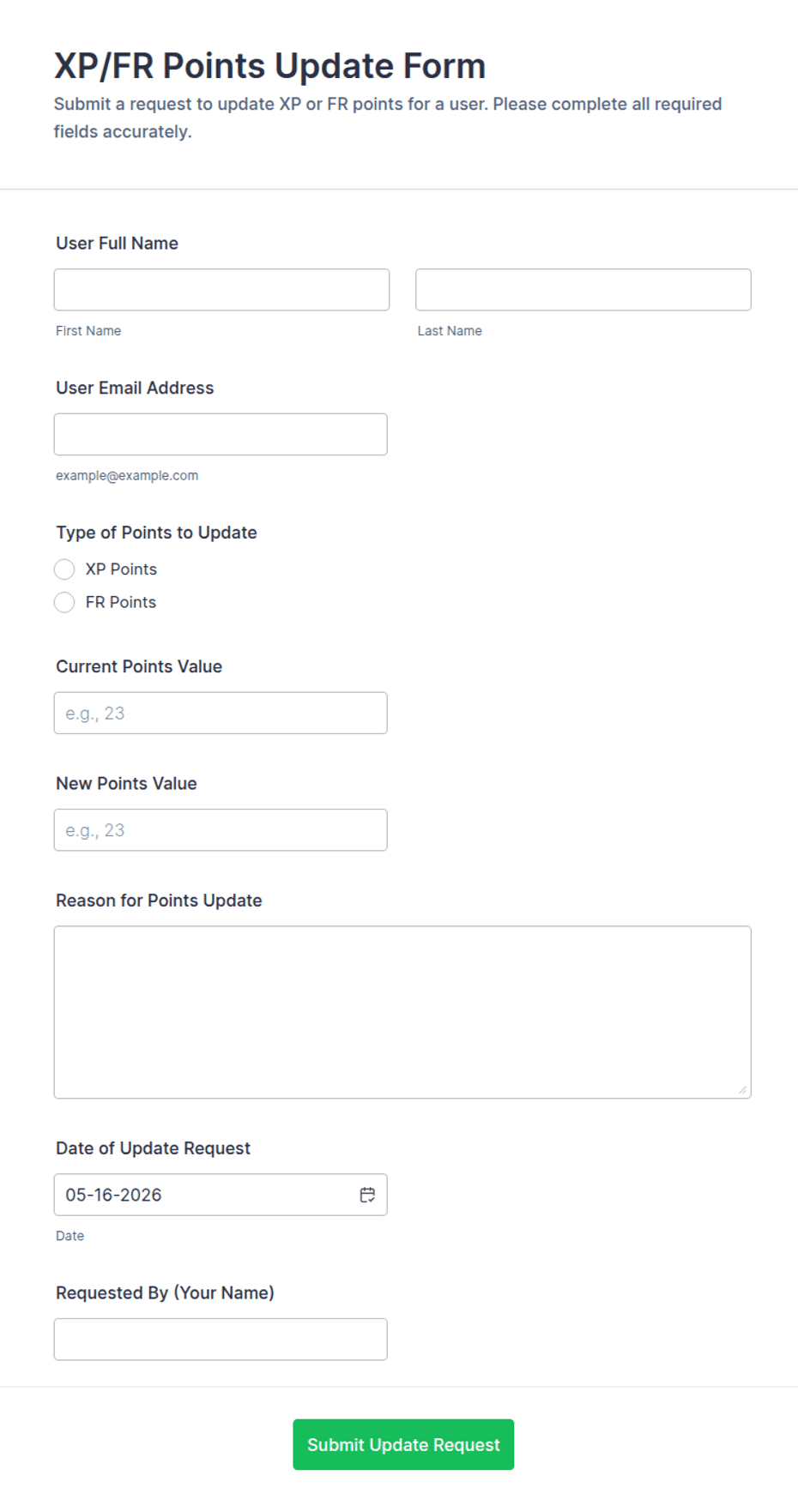 XP/FR Points Update Form Template | Jotform