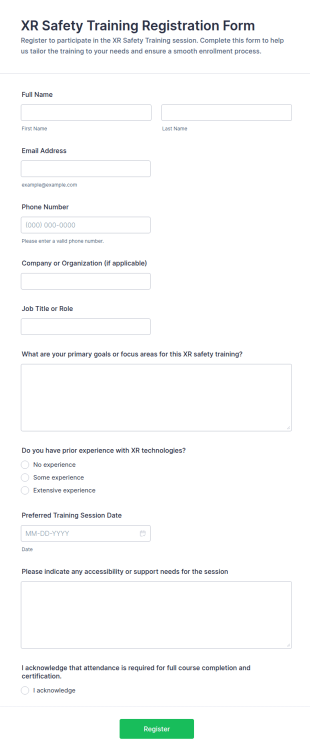 XR Safety Training Registration Form Template