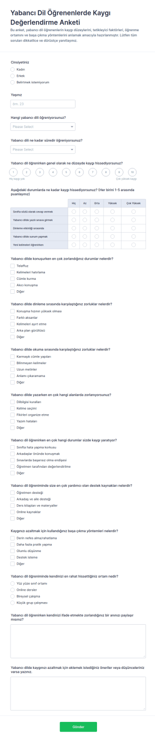 Yabancı Dil Kaygısı Değerlendirme Anketi Form Şablonu