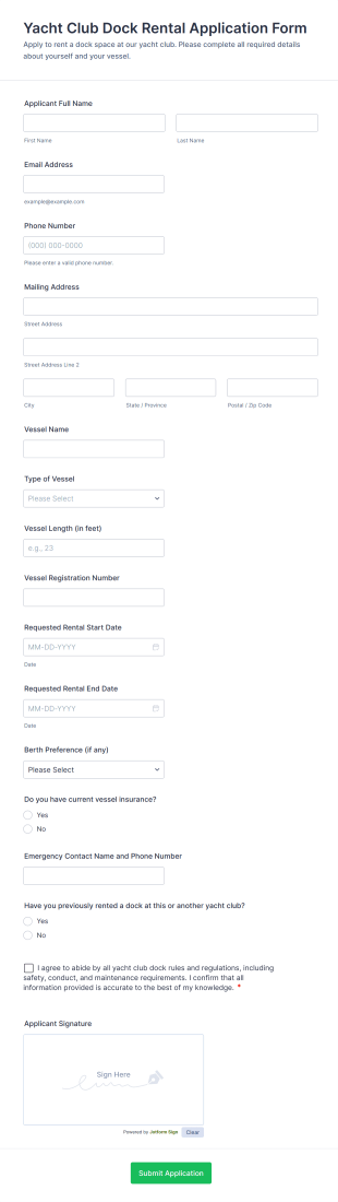 Yacht Club Dock Rental Application Form Template