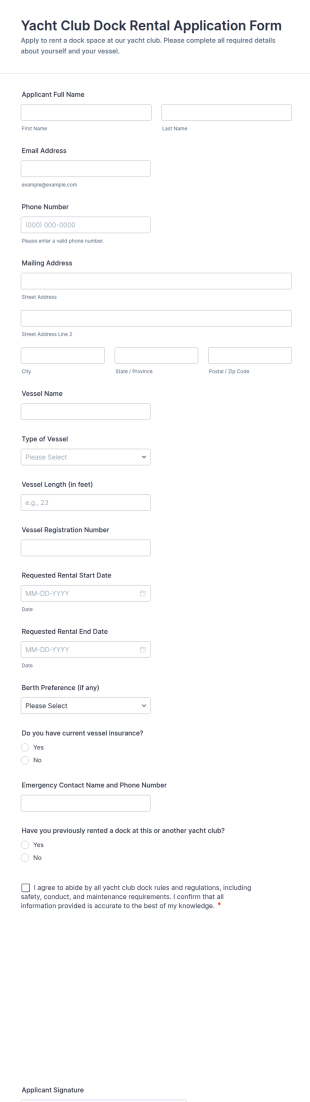 Yacht Club Dock Rental Application Form Template