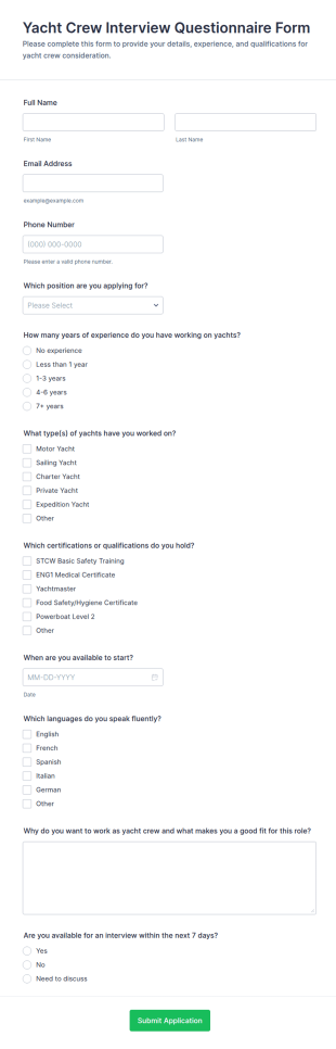 Yacht Crew Interview Questionnaire Form Template