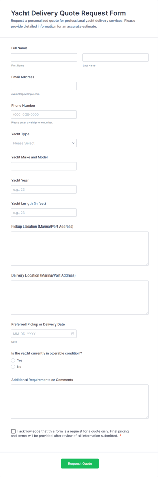 Yacht Delivery Quote Request Form Template