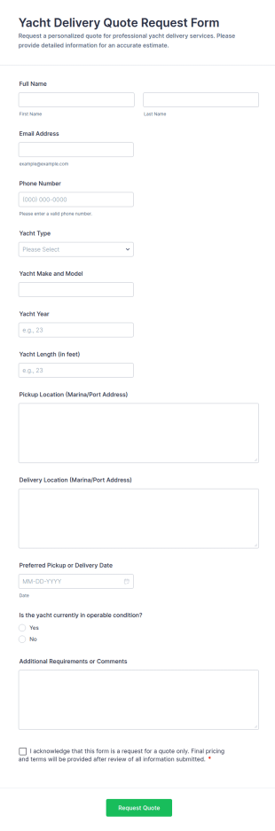 Yacht Delivery Quote Request Form Template