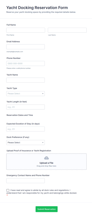 Yacht Docking Reservation Form Template