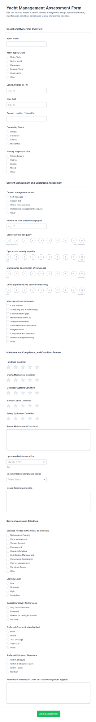 Yacht Management Assessment Form Template