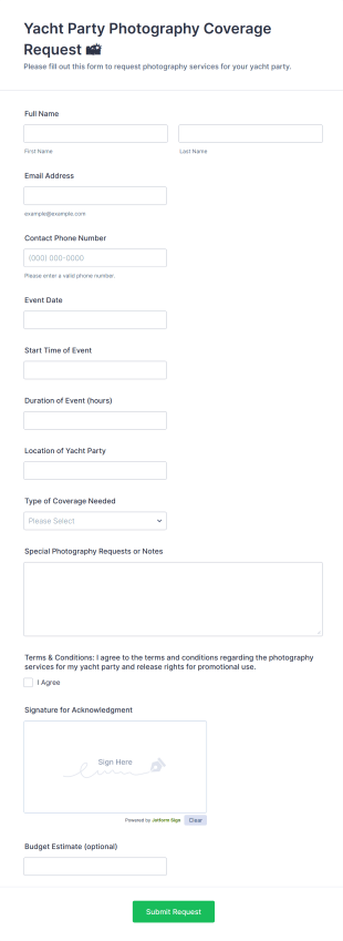 Yacht Party Photography Coverage Request 📸 Form Template