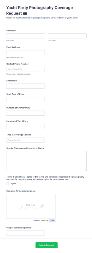 Yacht Party Photography Coverage Request 📸 Form Template