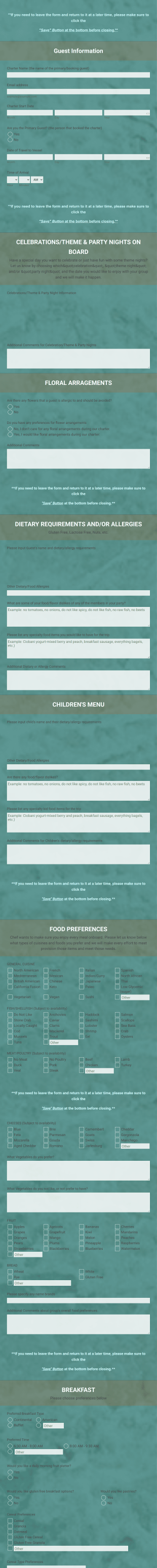 Yacht Preference Sheet Form Template