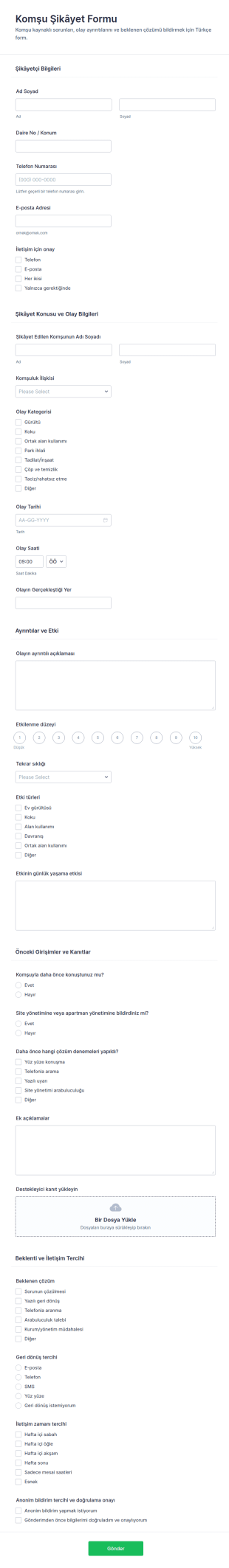 Yakın Çevre Şikayetleri Anketi Form Şablonu