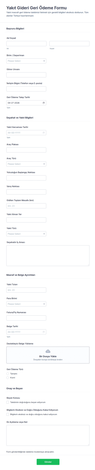 Yakıt Giderleri Geri Ödeme Formu 🚗💼 Form Şablonu