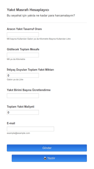 Yakit Masrafi Hesaplayici Form Şablonu