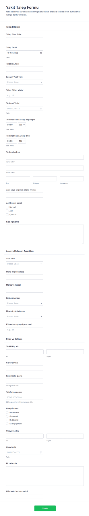 Yakıt Raporu Talep Form Şablonu
