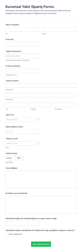 Yakıt Siparişi Formu 🚗⛽ Form Şablonu
