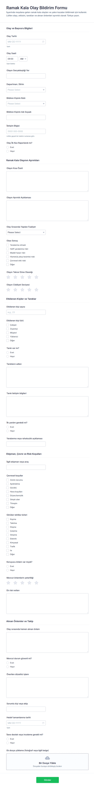 Yaklaşık Kaza Bildirim Form Şablonu