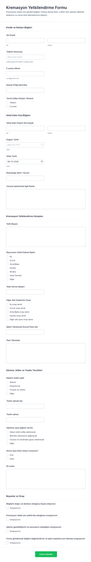 Kremasyon Yetkilendirme Form Şablonu