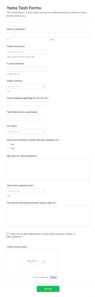 Yama Testi Form Şablonu