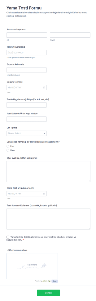 Yama Testi Form Şablonu