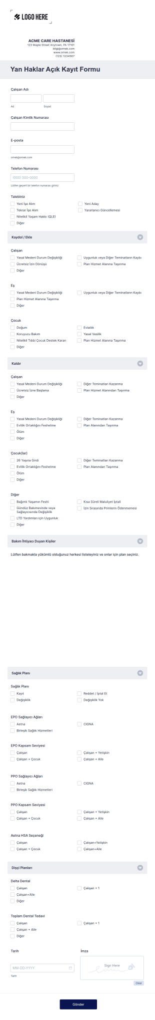 Yan Haklar Açık Kayıt Form Şablonu